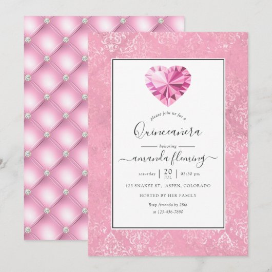 Roze Edelsteen Quinceañera Kaart (Voorkant / Achterkant)