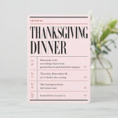 Roze Editoriaal Archief Thanksgiving Dinner Kaart (Staand voorkant)