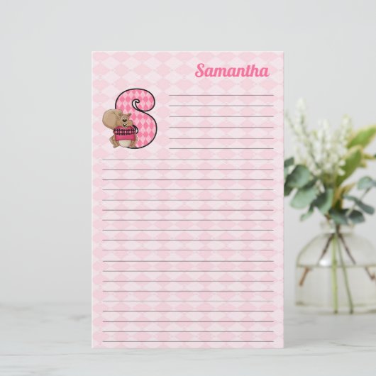 Roze eekhoorn Mongram Letter S met daarop de naam  Briefpapier (Staand voorkant)