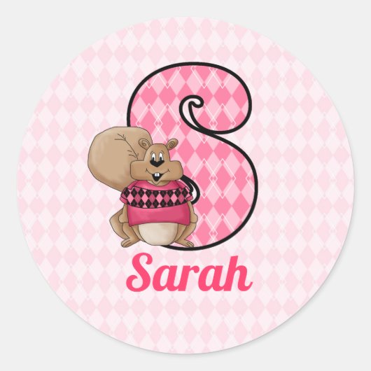 Roze eekhoorn Monogram letter S met naam Ronde Sticker (Voorkant)