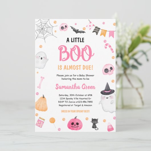 Roze een beetje Boo Baby shower Halloween Uitnodig Kaart (Staand voorkant)