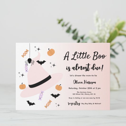 Roze een beetje boor Halloween Baby shower uitnodi Kaart (Staand voorkant)