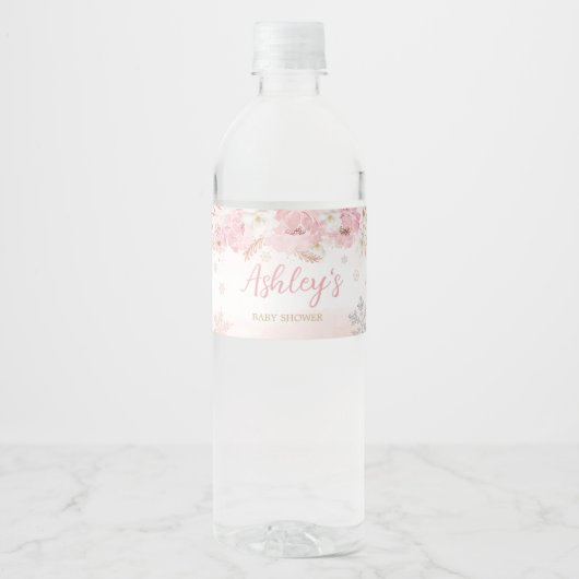 Roze een beetje sneeuwvlok Baby shower Waterfles Etiket (Voorkant)