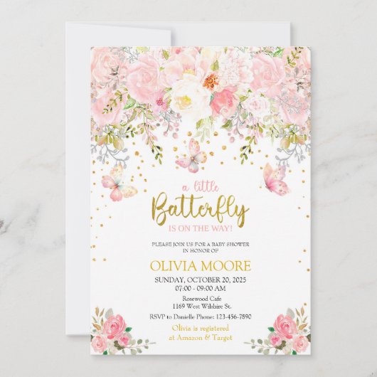 Roze Een beetje vlinder baby shower uitnodiging (Voorkant)