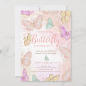 Roze een beetje vlinder op 1 verjaardag kaart (Voorkant)