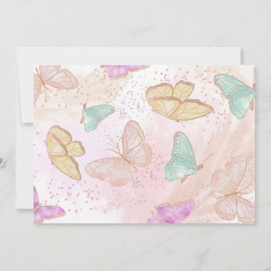 Roze een beetje vlinder op 1 verjaardag kaart (Achterkant)