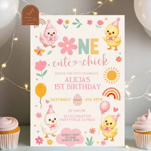 Roze Eén Cute Kuiken 1e Verjaardagsuitnodiging Kaart