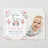 Roze een foto van Bunny Floral Balloon 1st Birthda Bedankkaart (Voorkant)