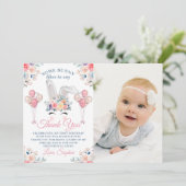 Roze een foto van Bunny Floral Balloon 1st Birthda Bedankkaart (Staand voorkant)