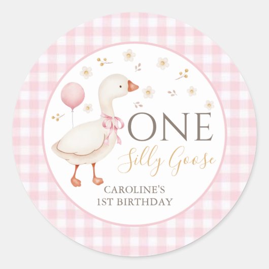 Roze Een Gekke Gans 1e Verjaardag Sticker (Voorkant)