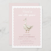 Roze Een Gekke Gans Meisje 1e Verjaardagsuitnodigi Kaart (Voorkant / Achterkant)