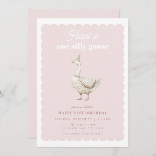 Roze Een Gekke Gans Meisje 1e Verjaardagsuitnodigi Kaart (Voorkant / Achterkant)
