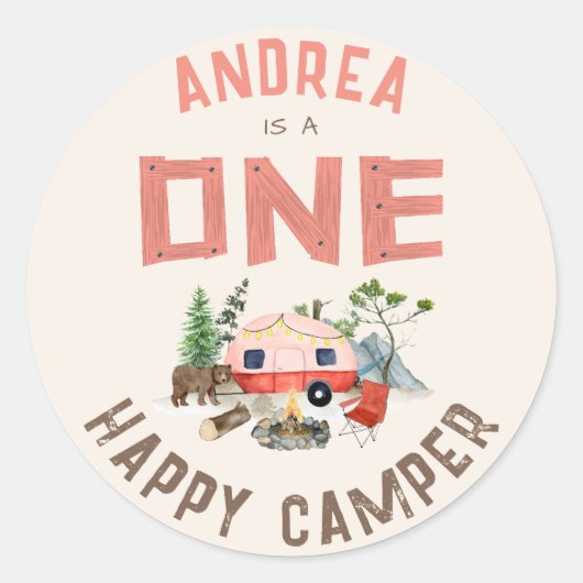 Roze één gelukkige Camper Woodland meisjes 1e verj Ronde Sticker (Voorkant)