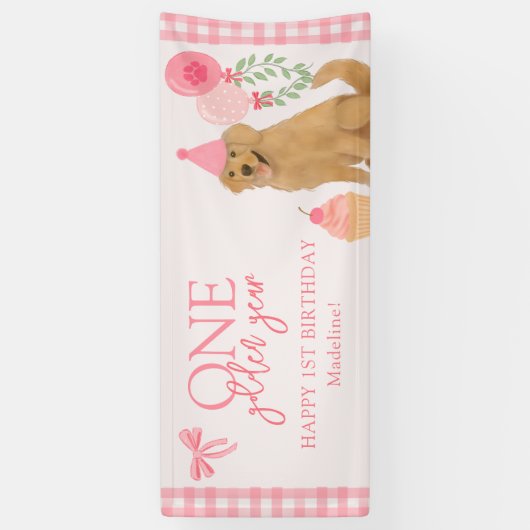 Roze Eén Gouden Jaar Retriever Puppy 1e Verjaardag Spandoek (Verticaal)