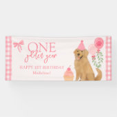 Roze Eén Gouden Jaar Retriever Puppy 1e Verjaardag Spandoek (Horizontaal)