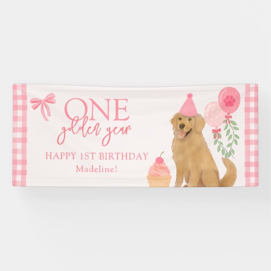 Roze Eén Gouden Jaar Retriever Puppy 1e Verjaardag Spandoek (Horizontaal)