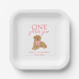 Roze Eén Gouden Jaar Retriever Puppy Verjaardag Papieren Bordje