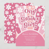 Roze een groovy Girl Retro Regenbow Eerste verjaar Kaart (Voorkant / Achterkant)