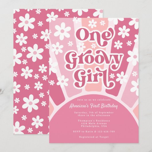 Roze een groovy Girl Retro Regenbow Eerste verjaar Kaart (Voorkant / Achterkant)