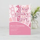 Roze een groovy Girl Retro Regenbow Eerste verjaar Kaart (Staand voorkant)