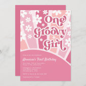 Roze een groovy Girl Retro Regenbow Eerste verjaar Kaart (Voorkant / Achterkant)