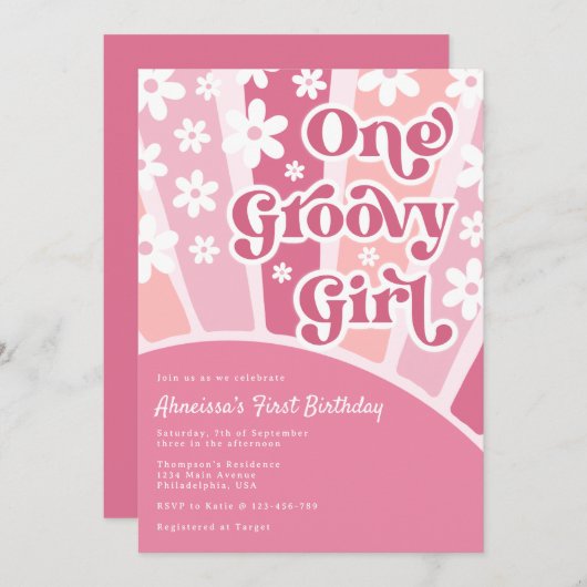 Roze een groovy Girl Retro Regenbow Eerste verjaar Kaart (Voorkant / Achterkant)