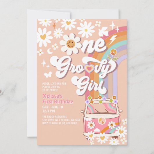 Roze Een Groovy Meisje Daisy Rainbow 1e Verjaardag Kaart (Voorkant)