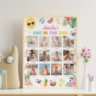Roze Eén In De Zon Verjaardagsfoto Mijlpaal Bord Poster