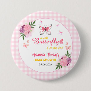 Roze Een Klein Vlindertje Is Op Weg Baby Shower Ronde Button 7,6 Cm