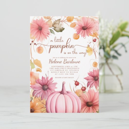 Roze Een Kleine Pompoen Herfst Baby shower Kaart (Staand voorkant)