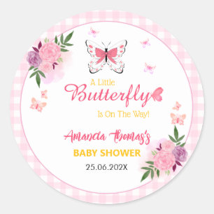 Roze Een Kleine Vlinder Is Op Weg Baby Shower  Ronde Sticker