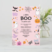 Roze Een Little Boo Schattige Ghost Halloween Baby Kaart (Staand voorkant)