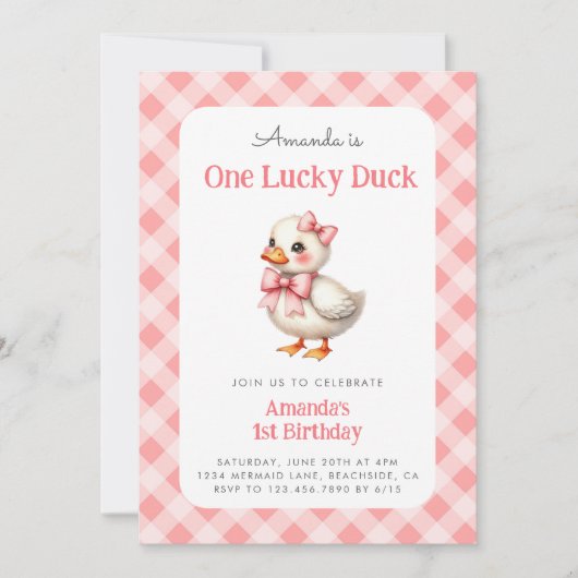 Roze Een Lucky Duck Baby Meisje Eerste Verjaardag Kaart (Voorkant)