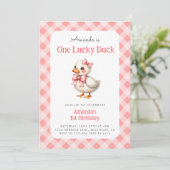 Roze Een Lucky Duck Baby Meisje Eerste Verjaardag Kaart (Staand voorkant)