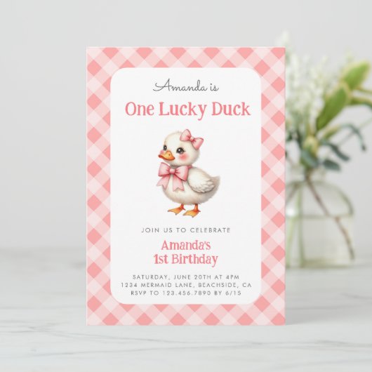 Roze Een Lucky Duck Baby Meisje Eerste Verjaardag Kaart (Staand voorkant)