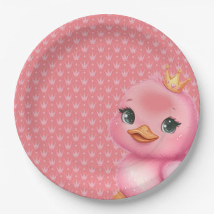 Roze eend met een kroon papieren bordje
