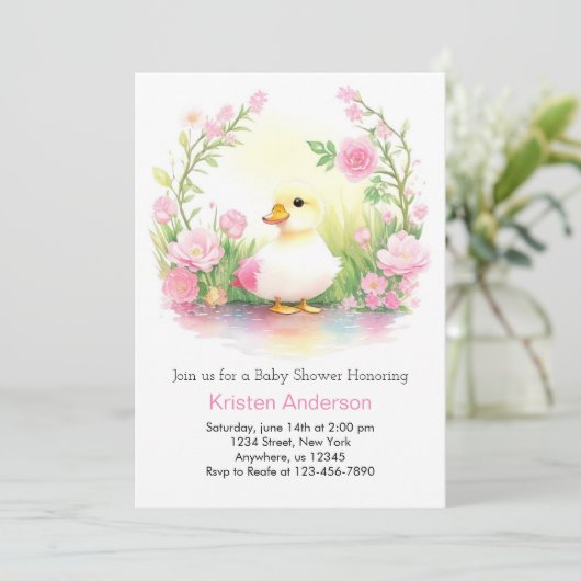 Roze eendje Schattige Waterverf meisje Baby shower Kaart (Staand voorkant)