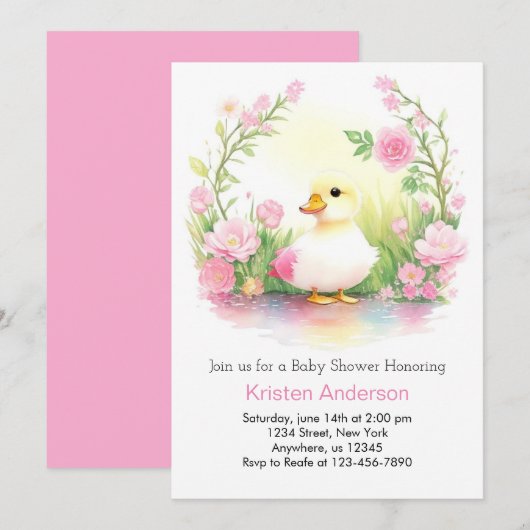 Roze eendje Schattige Waterverf meisje Baby shower Kaart (Voorkant / Achterkant)