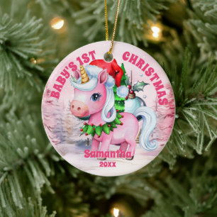 Roze Eenhoorn Baby 1e Kerstfoto Ornament