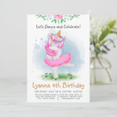 Roze Eenhoorn Ballerina Dans 4e Verjaardagsfeest Kaart (Staand voorkant)
