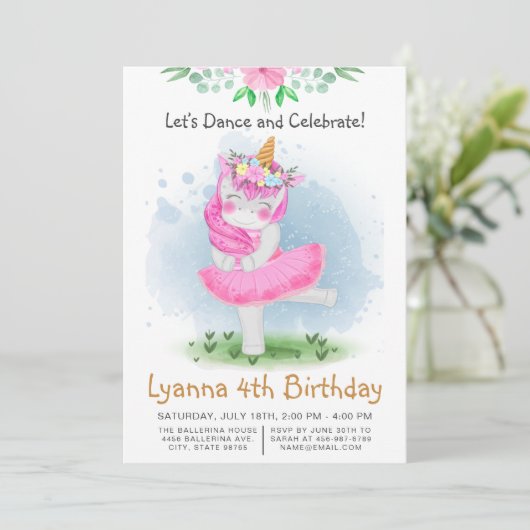 Roze Eenhoorn Ballerina Dans 4e Verjaardagsfeest Kaart (Staand voorkant)