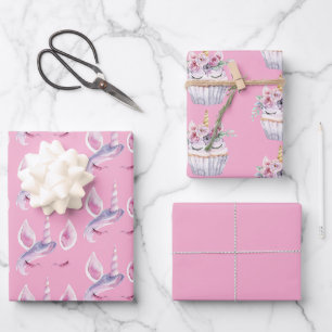Roze Eenhoorn Bloemige Cupcake Verjaardag Inpakpapier Vel