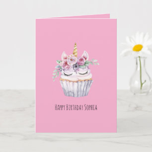 Roze Eenhoorn Bloemige Cupcake Verjaardag Kaart