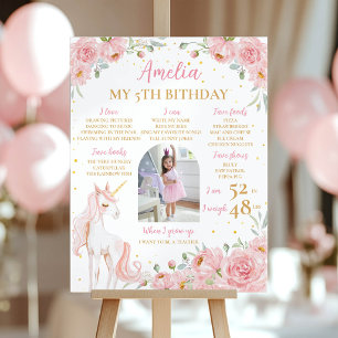 Roze Eenhoorn Bloemige Verjaardagsfeest Mijlpaal F Poster