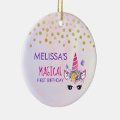 Roze Eenhoorn Confetti & Bloemen Eerste Verjaardag Keramisch Ornament (Rechts)
