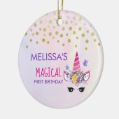 Roze Eenhoorn Confetti & Bloemen Eerste Verjaardag Keramisch Ornament (Links)