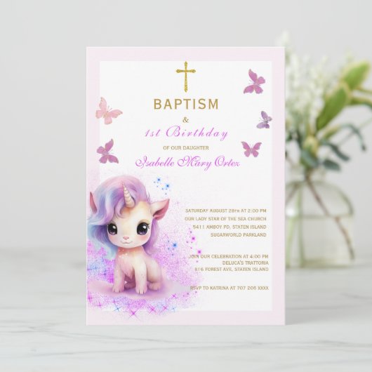 Roze Eenhoorn Doop Eerste Verjaardag Uitnodiging (Staand voorkant)