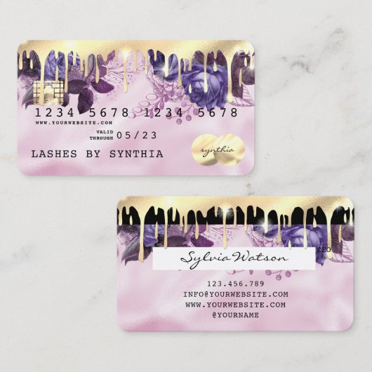 Roze Eenhoorn Druppelende Credit Kaart Gouden Bloe Visitekaartje (Voorkant / Achterkant)