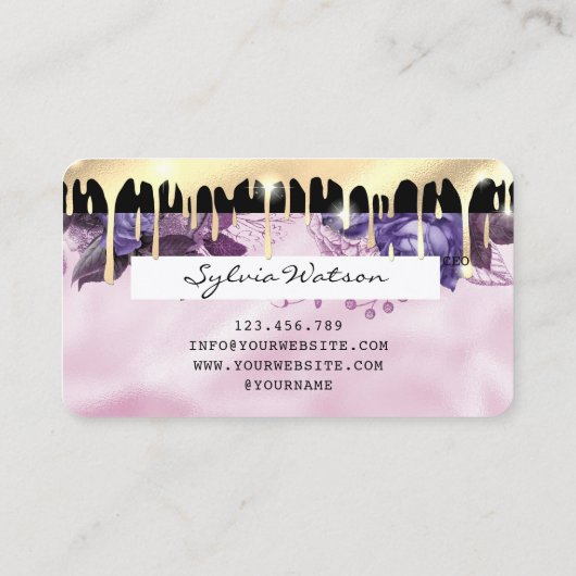 Roze Eenhoorn Druppelende Credit Kaart Gouden Bloe Visitekaartje (Achterkant)