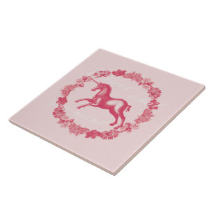 Roze eenhoorn en bloemen tegeltje